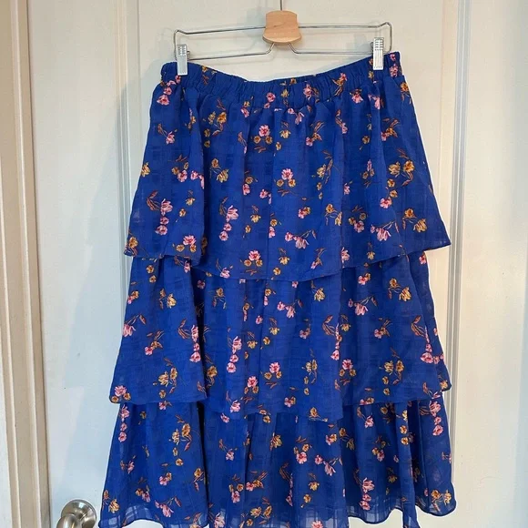 NEW Draper James RSVP Tiered Floral Ruffle Cobalt Blue Midi Skirt, Large - Picture 6 of 12